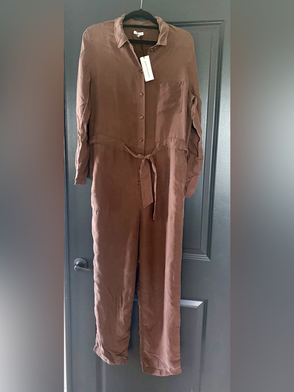 NWT Unsubscribed 100% silk 
Chocolate Brown Jumpsuit with Self-Tie Belt